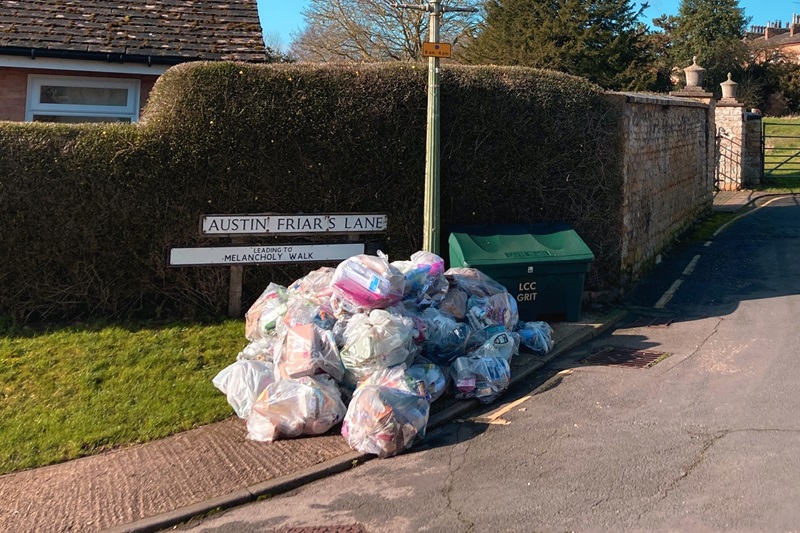 Pile of rubbish on a street corner in Stamford