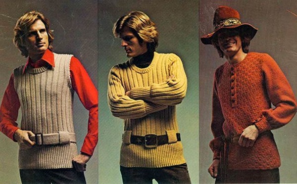 Three men in knitted outfits from the 1970's