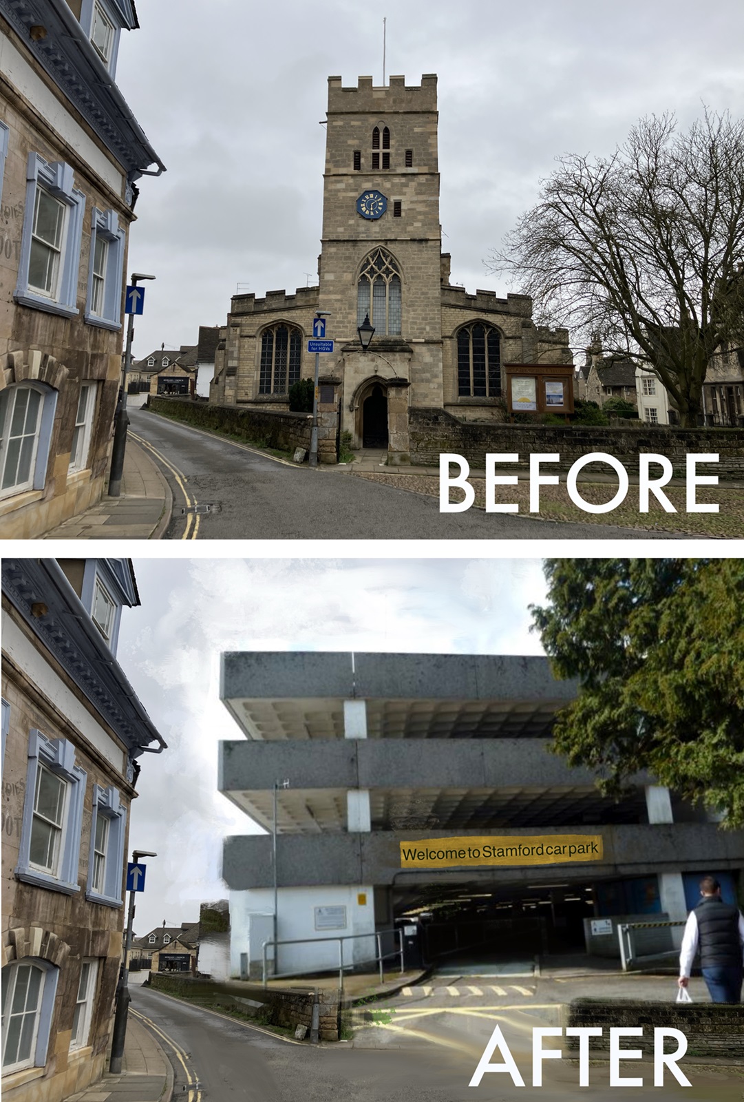 Before and after image showing the church and the replacement car park